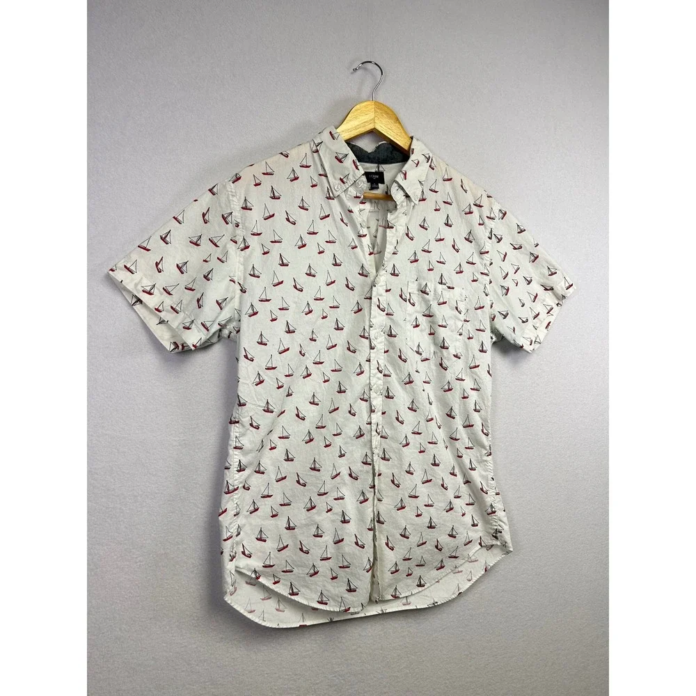 J Crew Short Sleeve Button Down Shirt Sailboat Print White Red Men's Size Medium